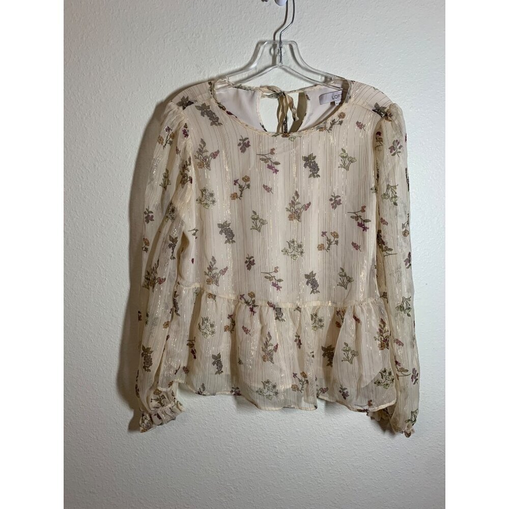 Loft Floral Print Blouse Women's Size XS Ivory Metallic Business Casual Boho